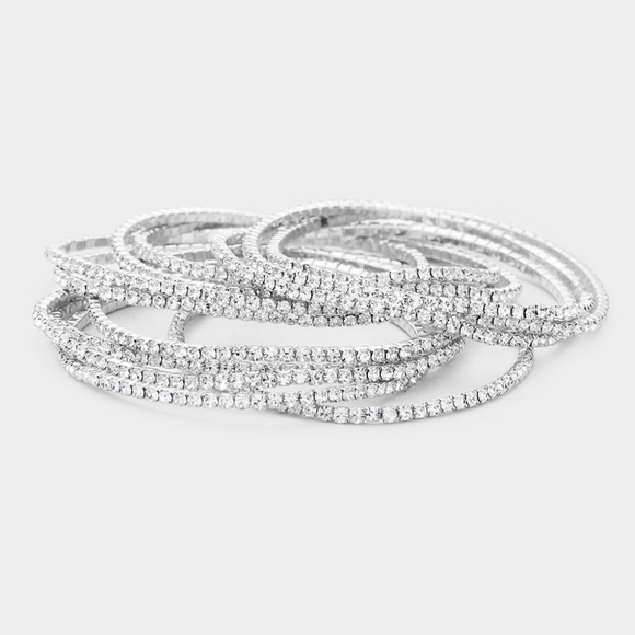 Rhinestone Crystal Layers Stretch Silver Bracelets Fashion Statement Jewelry - Picture 2 of 2